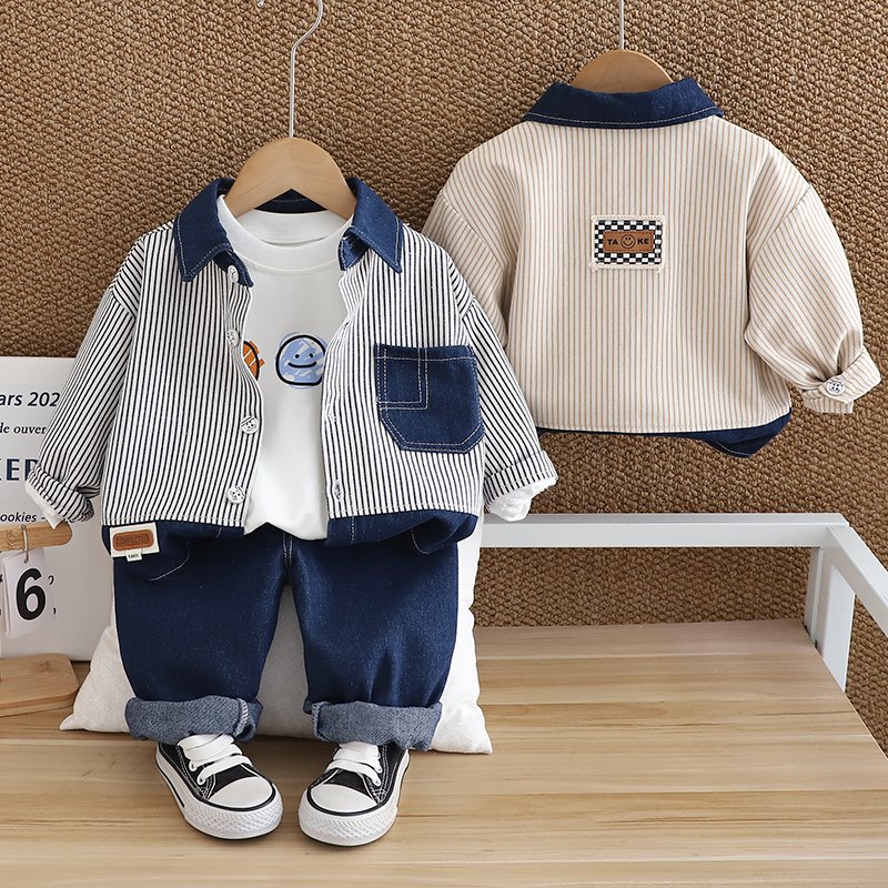2024 Autum/Winter Boys' Cotton Three-Piece Set Casual Long Sleeve Top Suit Kids Spring autumn Striped Denim Three-Piece Suit