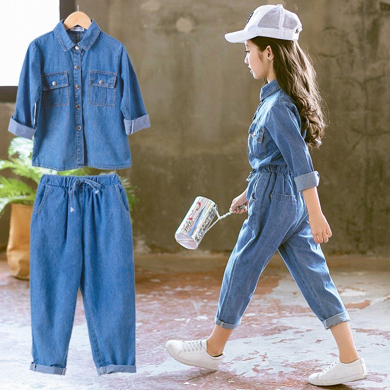 Girls Clothing Set Denim Jacket +Jeans 2 pcs Solid Girl Suit Denim Casual Girls Outfits