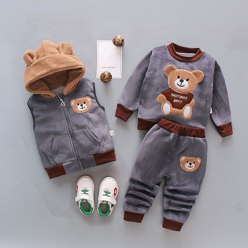 hot selling bear print winter baby clothes vest long sleeve shirts and pants boys 3 pieces clothing set
