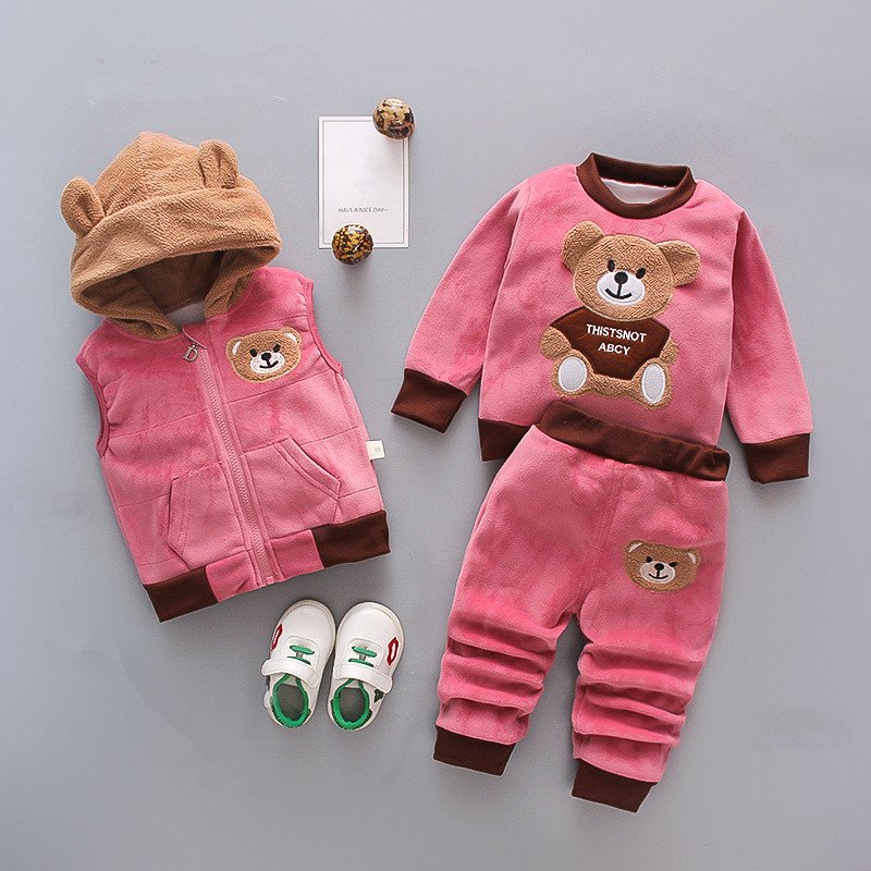 hot selling bear print winter baby clothes vest long sleeve shirts and pants boys 3 pieces clothing set