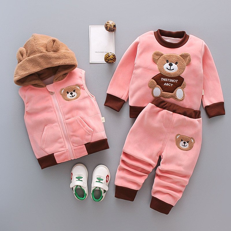 hot selling bear print winter baby clothes vest long sleeve shirts and pants boys 3 pieces clothing set