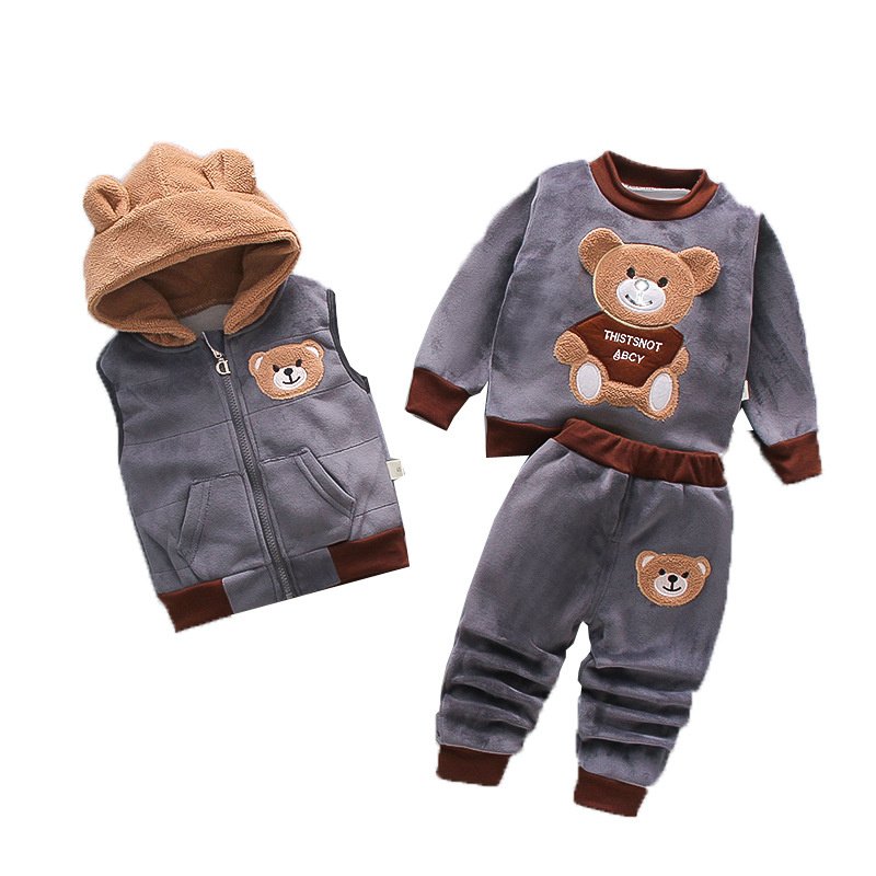 hot selling bear print winter baby clothes vest long sleeve shirts and pants boys 3 pieces clothing set