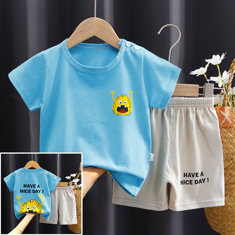 Boys and girls children's clothing set with two pieces cartoon printing for summer with factory price