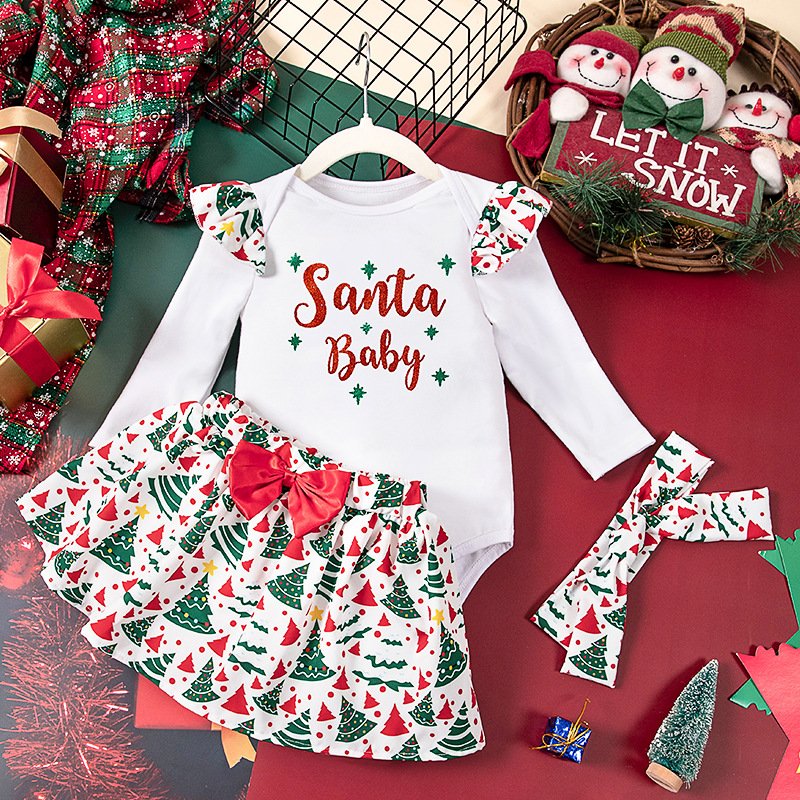 Baby Girls Tartan Dress Christmas Clothes Toddler Girls Letters Cartoon Printed Long Sleeve Romper Short Skirt Headband 3PC