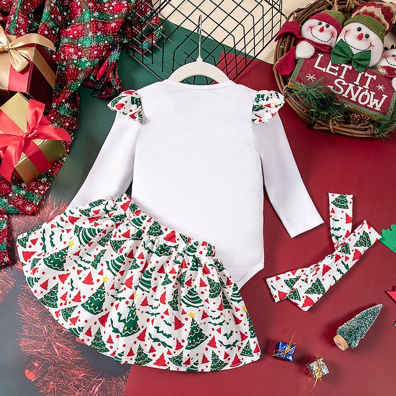 Baby Girls Tartan Dress Christmas Clothes Toddler Girls Letters Cartoon Printed Long Sleeve Romper Short Skirt Headband 3PC