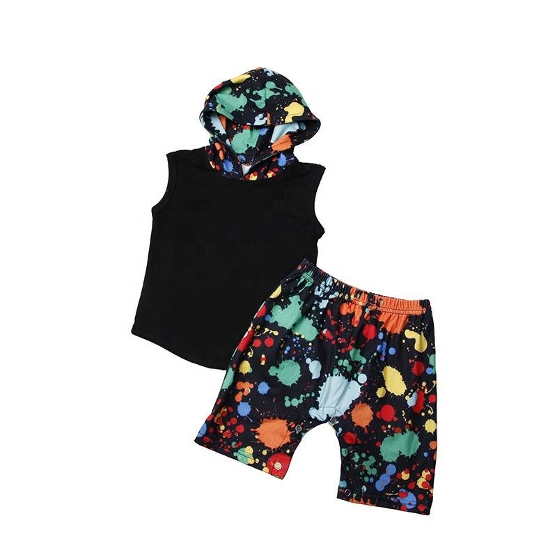 JF Wholesale Custom Boys Clothing Sets Casual Clothing Set Colorful Sleeveless Hoodies T Shirts Short Pants Kids Summer Outfit