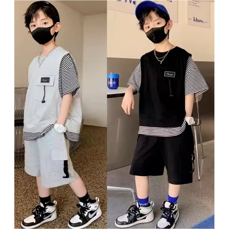 Ms-566 2024 Summer Toddler Boys Clothing Sets 12 13 10 to 15 Years Striped Tshirts+Shorts 2 Piece Clothes for Teenage Boys