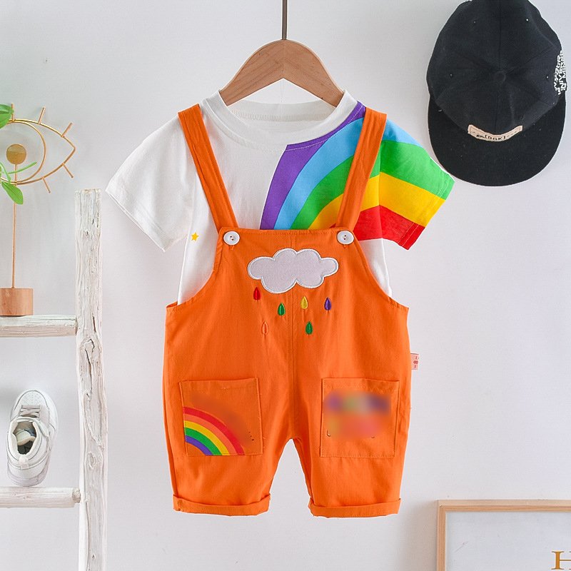 2023 Summer Kids Clothing Universal Rainbow Baby Clothes Set Boys And Girls T-shirt Cotton Overalls Baby Sets