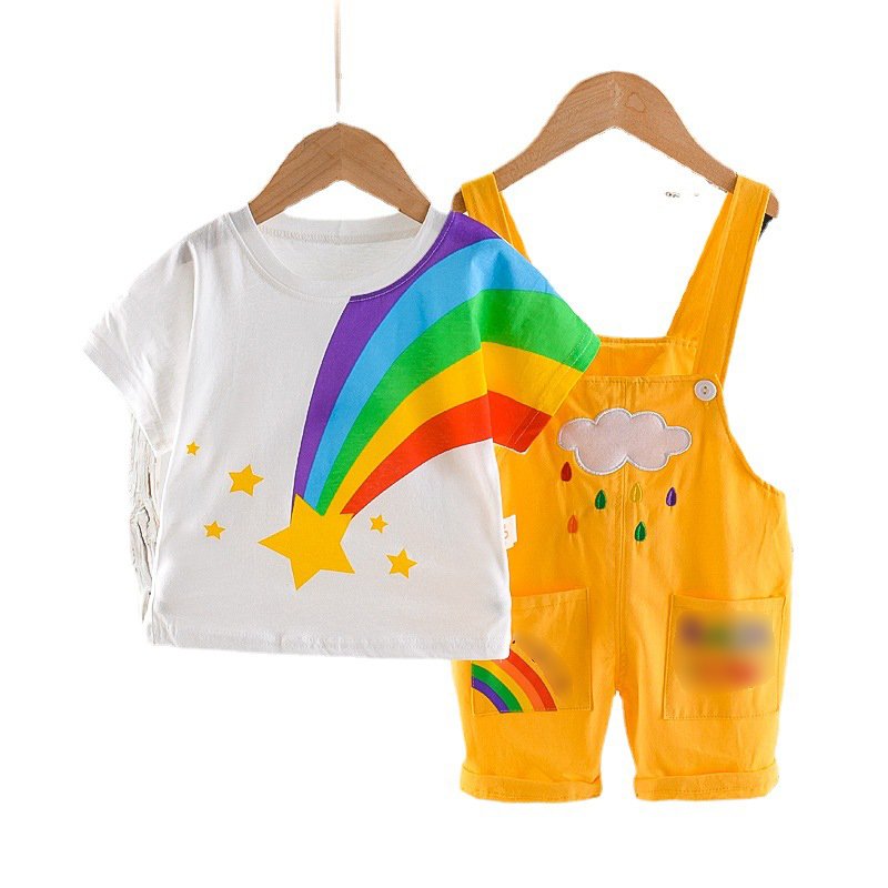 2023 Summer Kids Clothing Universal Rainbow Baby Clothes Set Boys And Girls T-shirt Cotton Overalls Baby Sets