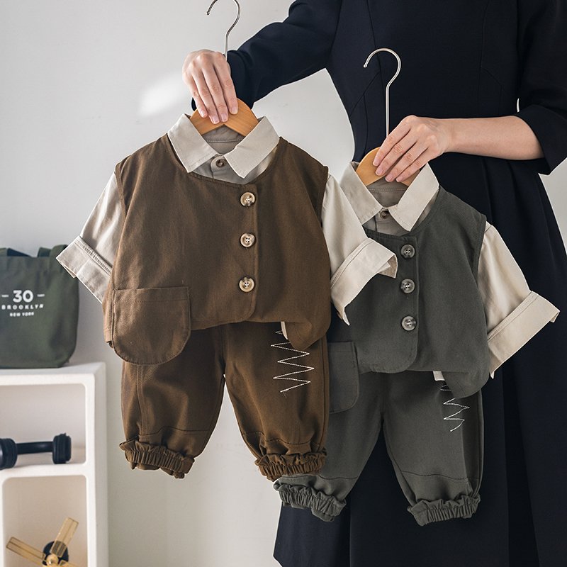 Early Autumn Korean Version Casual Suit for Kids New Products Boys Clothes Age 5 Years Cute Style Cargo Vest Fabric Fall Season