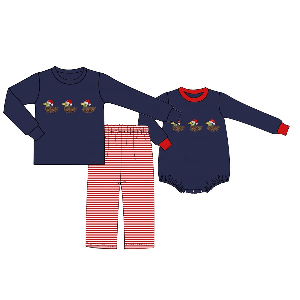 Custom French Knot Mallard Duck Kids Boutique Pants set Toddler Boys Matching Christmas Gingham Smocked Clothing Sets