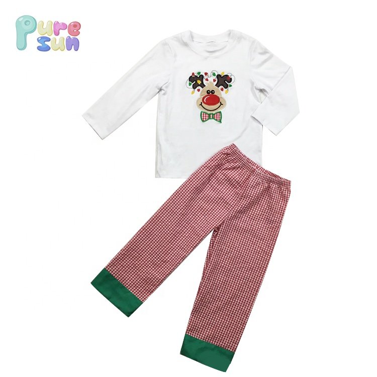 Custom French Knot Mallard Duck Kids Boutique Pants set Toddler Boys Matching Christmas Gingham Smocked Clothing Sets