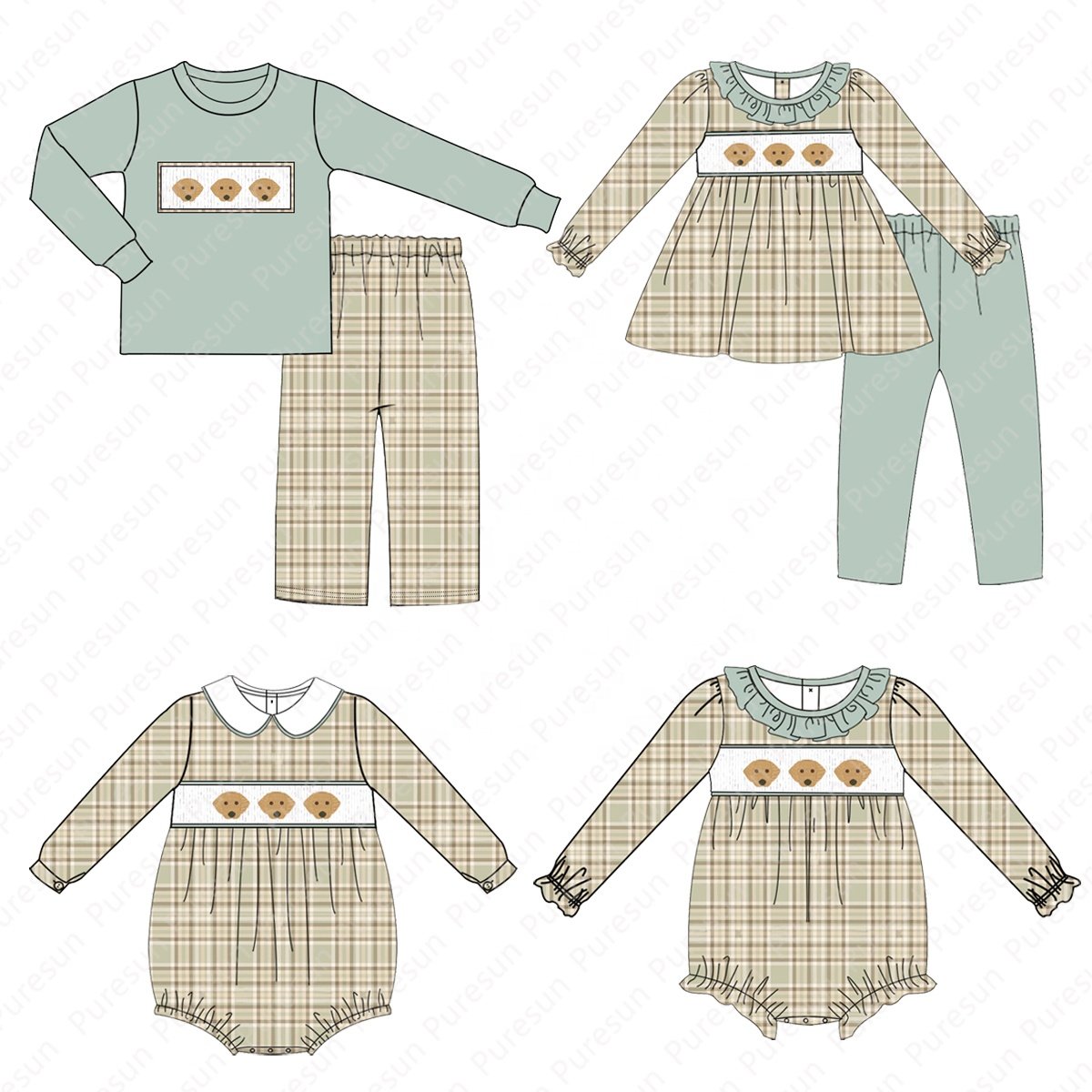 Custom French Knot Mallard Duck Kids Boutique Pants set Toddler Boys Matching Christmas Gingham Smocked Clothing Sets