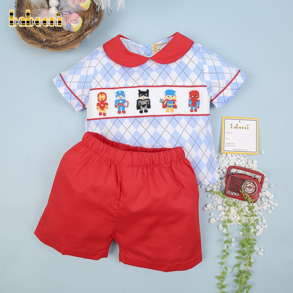 Colorful cartoon character smocked rhombus boy set clothing ODM OEM Boys clothing sets boys smocked outfits - BB1852