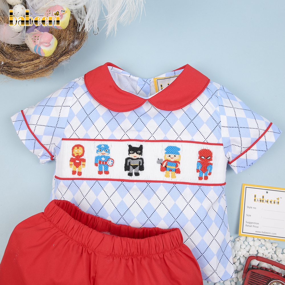 Colorful cartoon character smocked rhombus boy set clothing ODM OEM Boys clothing sets boys smocked outfits - BB1852
