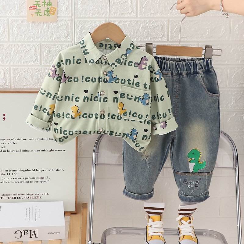 Latest Fashion Spring Autumn Kids 2pcs Outfits Shirt+Jeans Cartoon Print Casual Boys Clothing Sets