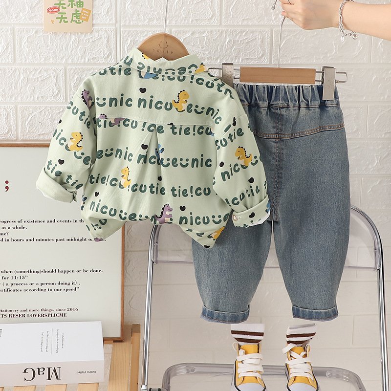 Latest Fashion Spring Autumn Kids 2pcs Outfits Shirt+Jeans Cartoon Print Casual Boys Clothing Sets
