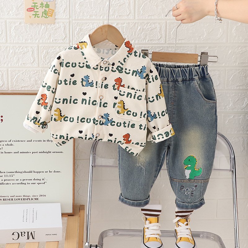 Latest Fashion Spring Autumn Kids 2pcs Outfits Shirt+Jeans Cartoon Print Casual Boys Clothing Sets