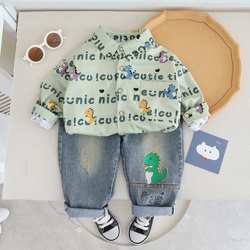 Latest Fashion Spring Autumn Kids 2pcs Outfits Shirt+Jeans Cartoon Print Casual Boys Clothing Sets
