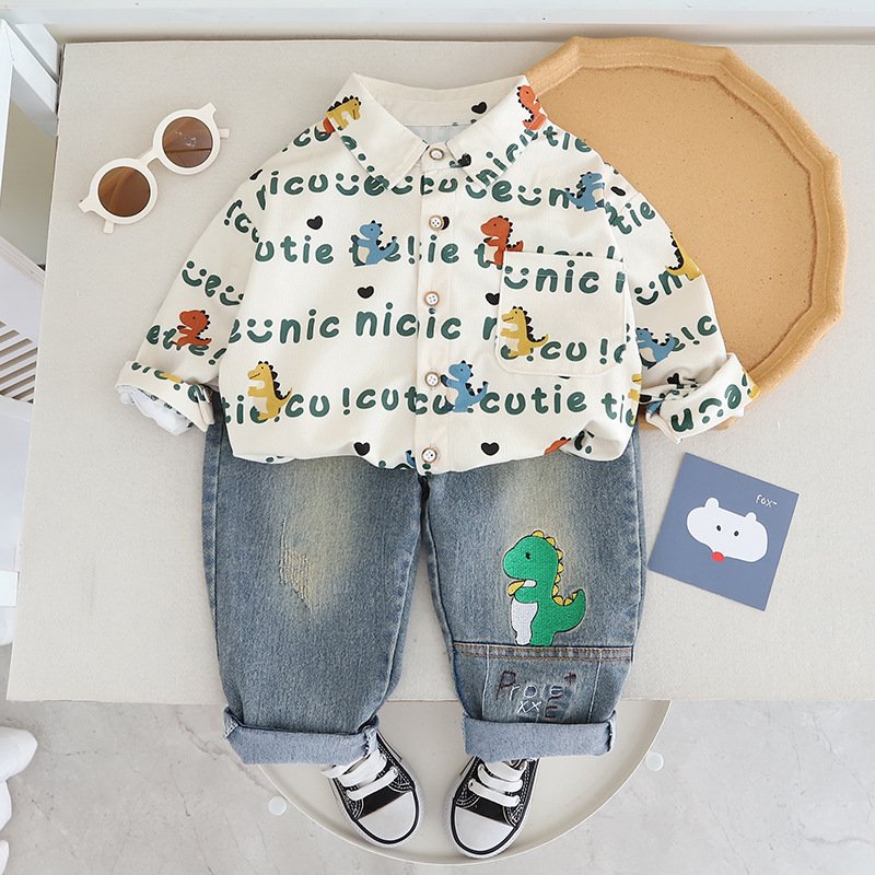Latest Fashion Spring Autumn Kids 2pcs Outfits Shirt+Jeans Cartoon Print Casual Boys Clothing Sets