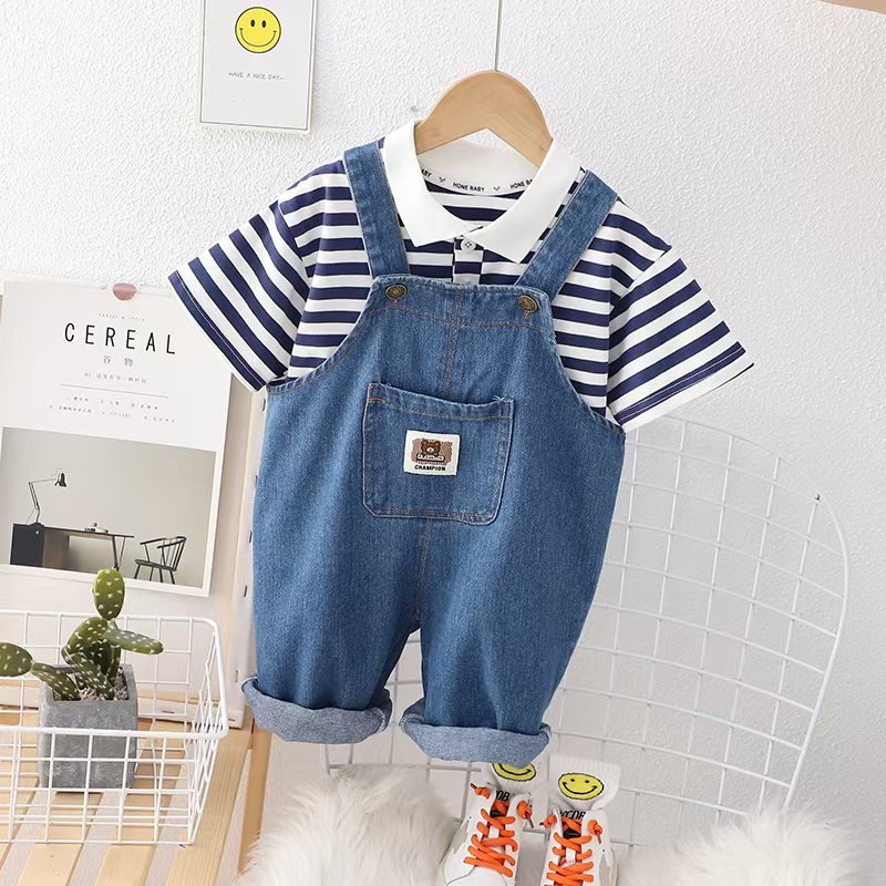2024 Spring Clothing Sets Girls Boy Casual Children's Wear Baby Boys Short Shirt Jeans Trousers Overalls 2 Pieces Clothes Sets