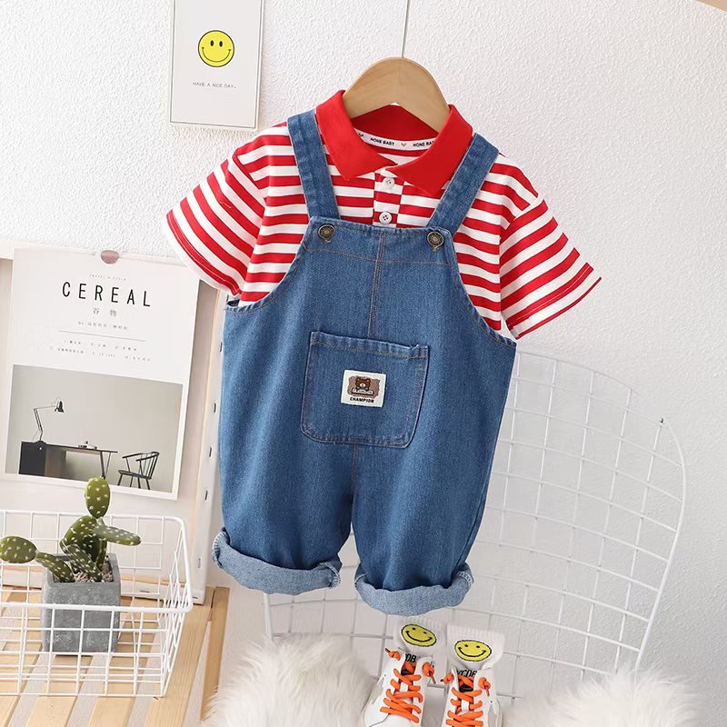 2024 Spring Clothing Sets Girls Boy Casual Children's Wear Baby Boys Short Shirt Jeans Trousers Overalls 2 Pieces Clothes Sets