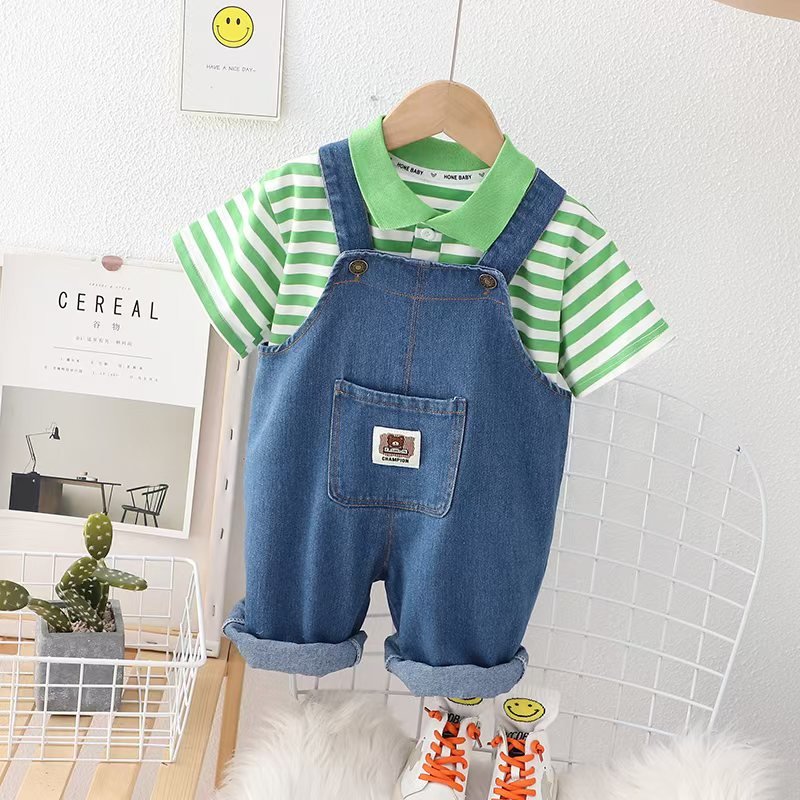 2024 Spring Clothing Sets Girls Boy Casual Children's Wear Baby Boys Short Shirt Jeans Trousers Overalls 2 Pieces Clothes Sets