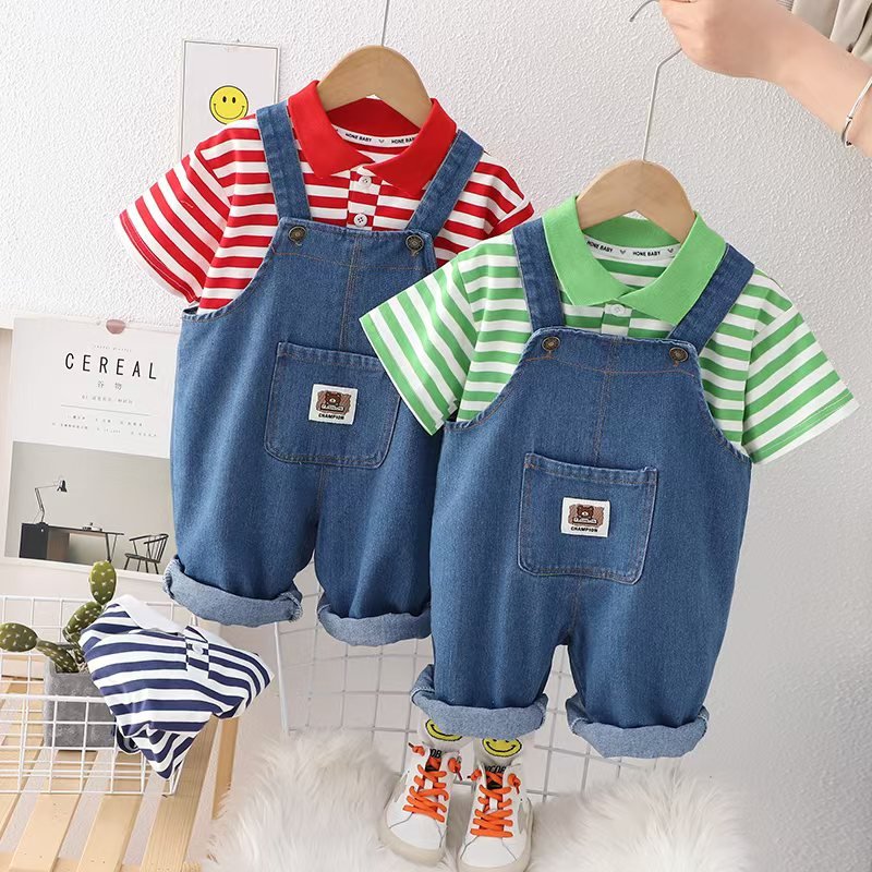 2024 Spring Clothing Sets Girls Boy Casual Children's Wear Baby Boys Short Shirt Jeans Trousers Overalls 2 Pieces Clothes Sets