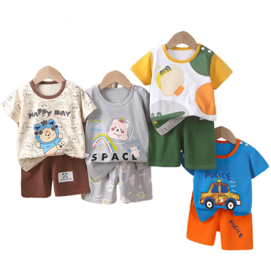 Boys Girls Summer Casual 95% Cotton 5%Spandex Short Sleeve Pajamas Set With Rainbow And Star Print For Home