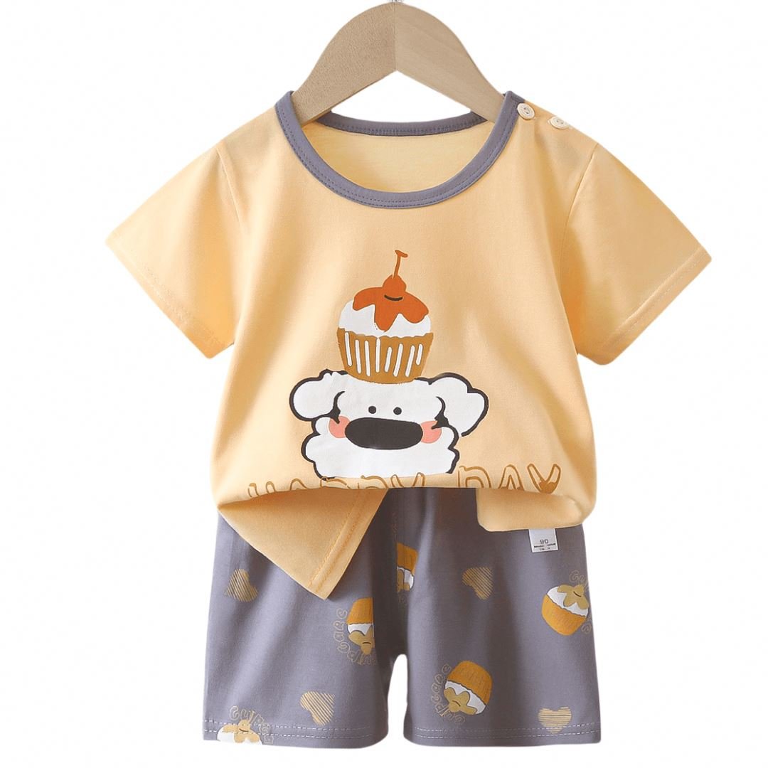 Boys Girls Summer Casual 95% Cotton 5%Spandex Short Sleeve Pajamas Set With Rainbow And Star Print For Home