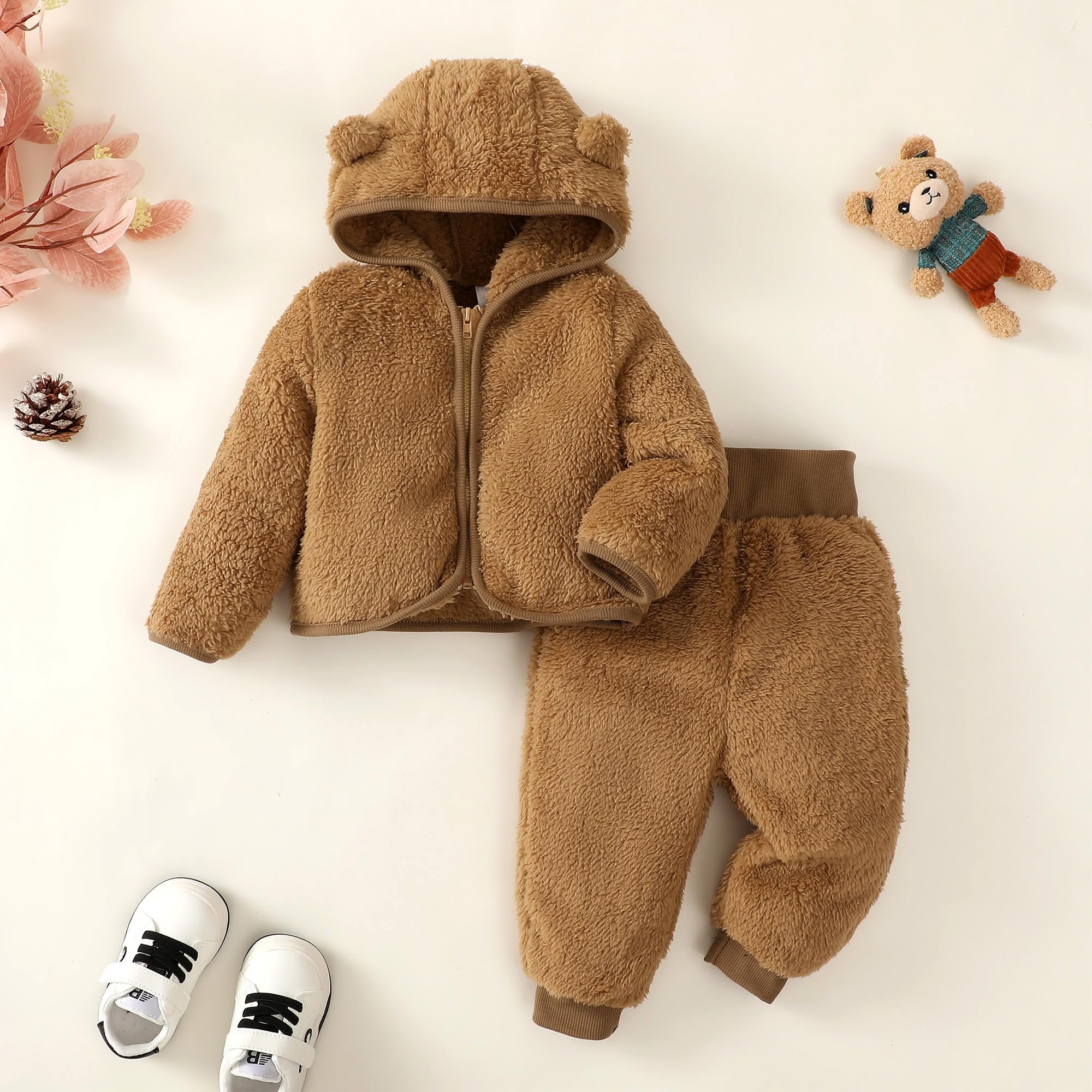 Winter Outfits for Baby Boy & Girl Toddler Age Group Zip-Up Fleece Hoodie Jacket Coat with Ear Warm Sweatshirt Pants Kids Sets