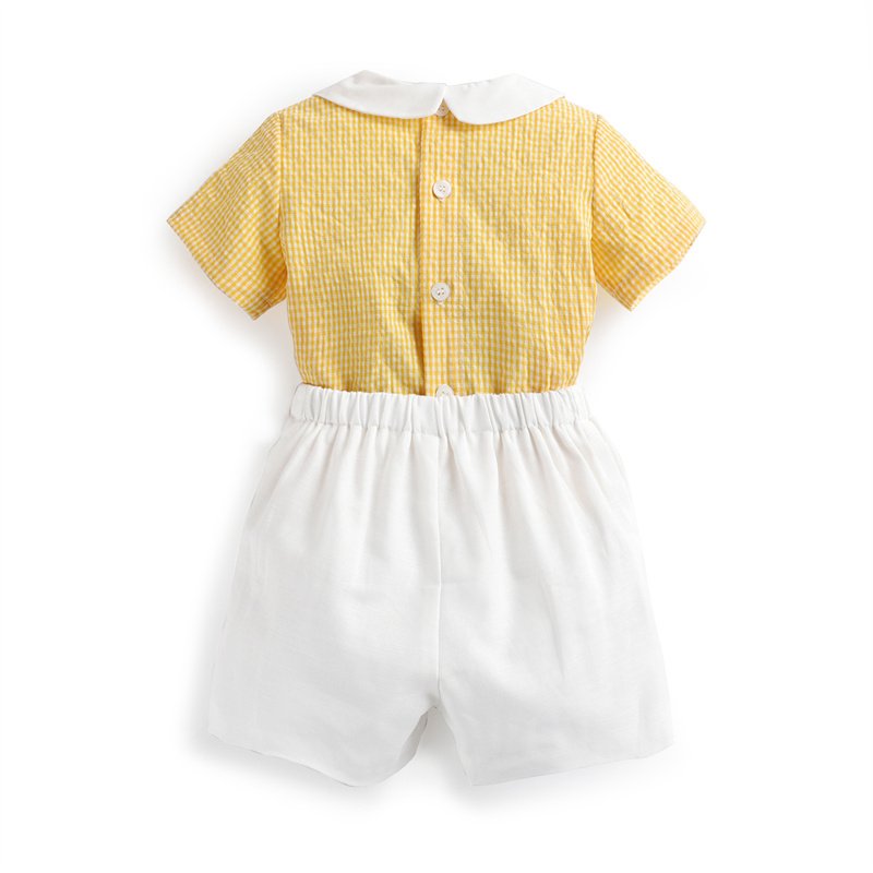 2024 New Baby Boy Spanish Kids Clothes Set Yellow Gingham Shirt Peter Pan Collar White Cotton Shorts Easter Holiday Clothes Suit