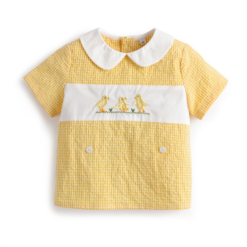 2024 New Baby Boy Spanish Kids Clothes Set Yellow Gingham Shirt Peter Pan Collar White Cotton Shorts Easter Holiday Clothes Suit