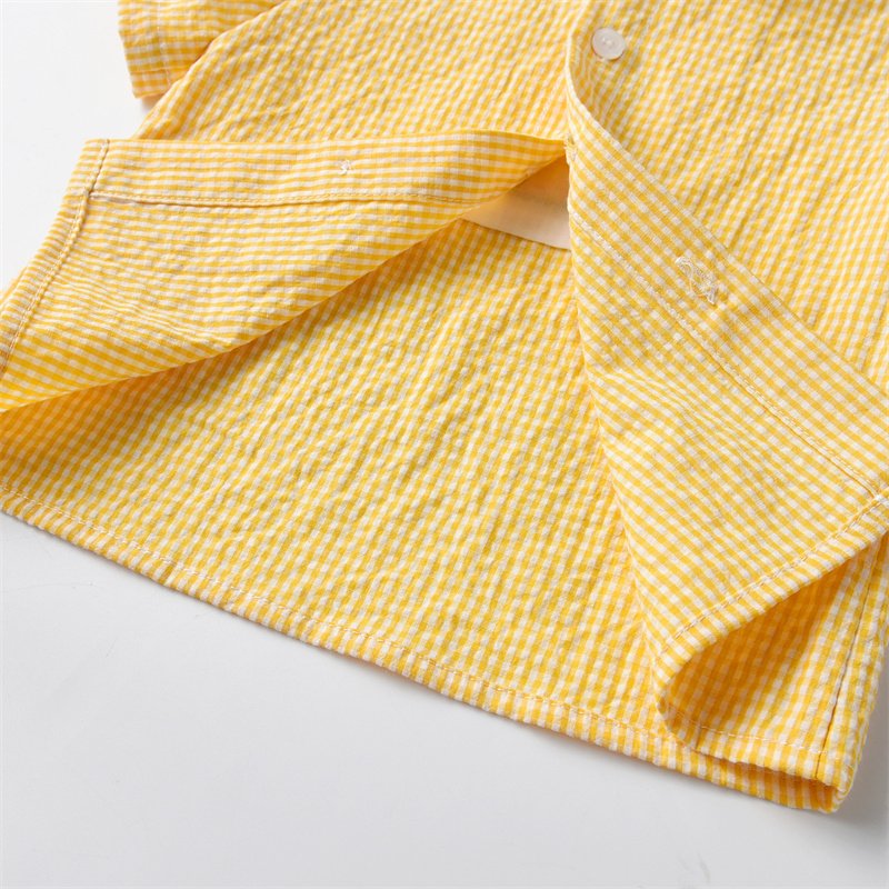 2024 New Baby Boy Spanish Kids Clothes Set Yellow Gingham Shirt Peter Pan Collar White Cotton Shorts Easter Holiday Clothes Suit
