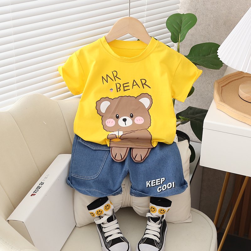 2023 Yiwu Children's Wear Wholesale Cute Cartoon Pattern Summer Boys and Girls' T-shirts, Denim Shorts, Casual Apparel 2-piece S