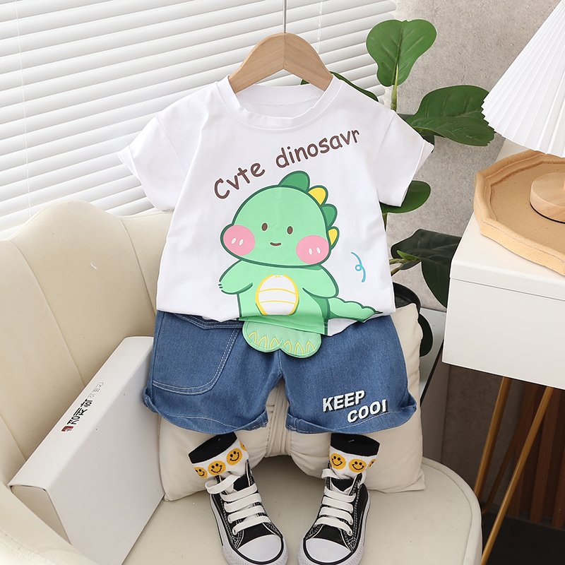 2023 Yiwu Children's Wear Wholesale Cute Cartoon Pattern Summer Boys and Girls' T-shirts, Denim Shorts, Casual Apparel 2-piece S
