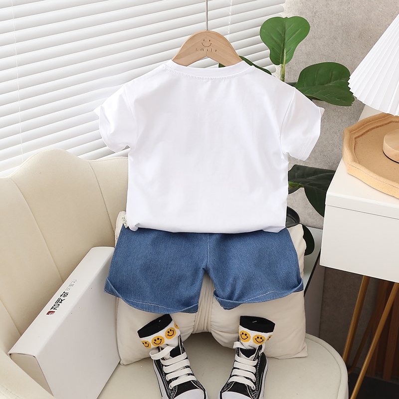 2023 Yiwu Children's Wear Wholesale Cute Cartoon Pattern Summer Boys and Girls' T-shirts, Denim Shorts, Casual Apparel 2-piece S