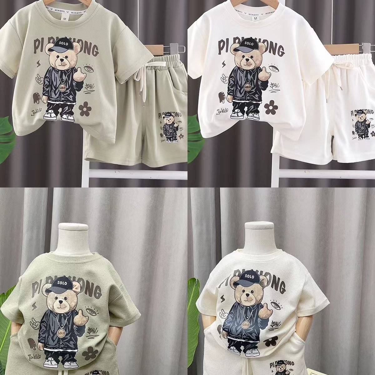 2024 Boy Clothing Sets T-shirts Shorts Boys Two Piece Sets Clothing Cartoon Bear Cotton Waffle Boys Clothing Sets 5-6 Years