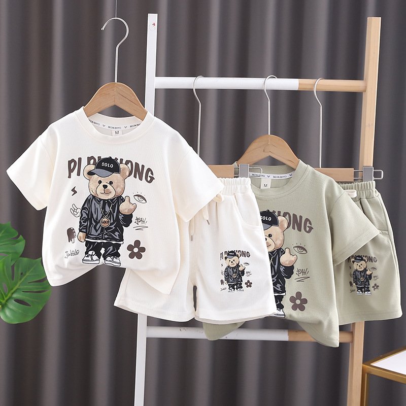 2024 Boy Clothing Sets T-shirts Shorts Boys Two Piece Sets Clothing Cartoon Bear Cotton Waffle Boys Clothing Sets 5-6 Years