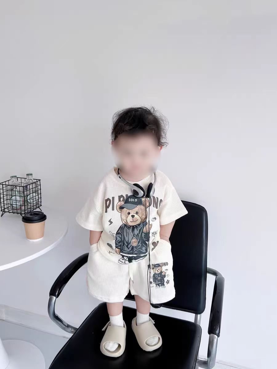 2024 Boy Clothing Sets T-shirts Shorts Boys Two Piece Sets Clothing Cartoon Bear Cotton Waffle Boys Clothing Sets 5-6 Years