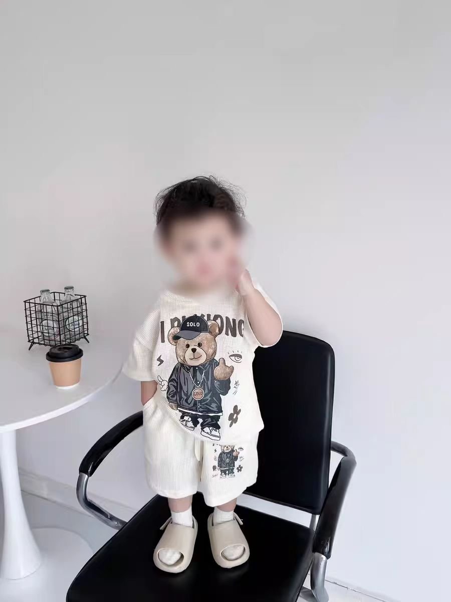 2024 Boy Clothing Sets T-shirts Shorts Boys Two Piece Sets Clothing Cartoon Bear Cotton Waffle Boys Clothing Sets 5-6 Years