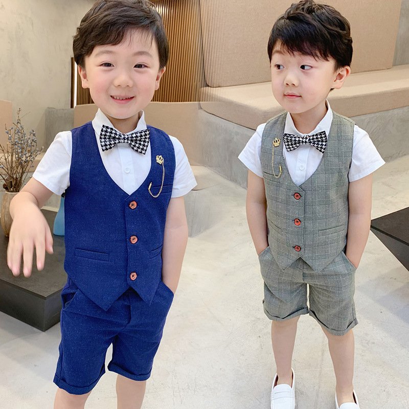 2019 summer new fashion gentleman boys kids clothing plaid vest two-piece dress Children day piano costume