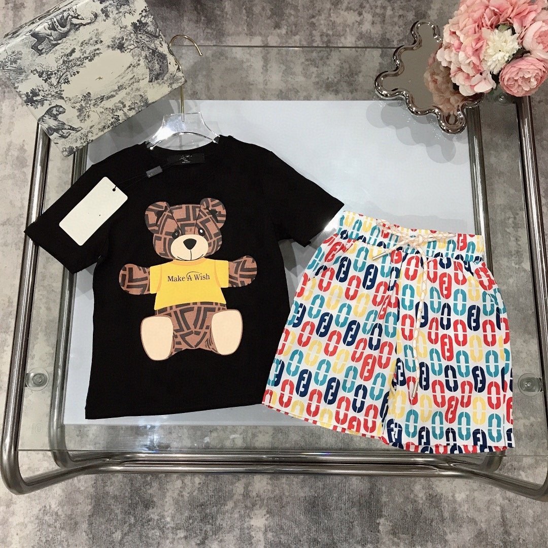 RUNTEN 2024 2pcs/set Summer Wear Boys Cartoon Bear Print Short Sleeve T-shirt Matching F Shorts Set For Boys Kids Clothes