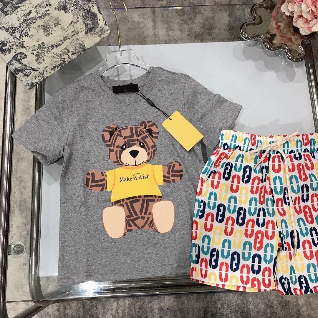 RUNTEN 2024 2pcs/set Summer Wear Boys Cartoon Bear Print Short Sleeve T-shirt Matching F Shorts Set For Boys Kids Clothes
