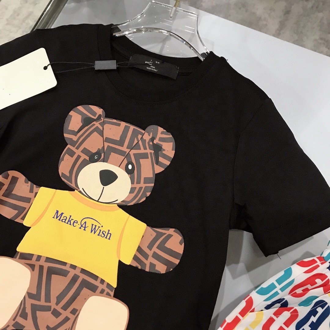 RUNTEN 2024 2pcs/set Summer Wear Boys Cartoon Bear Print Short Sleeve T-shirt Matching F Shorts Set For Boys Kids Clothes