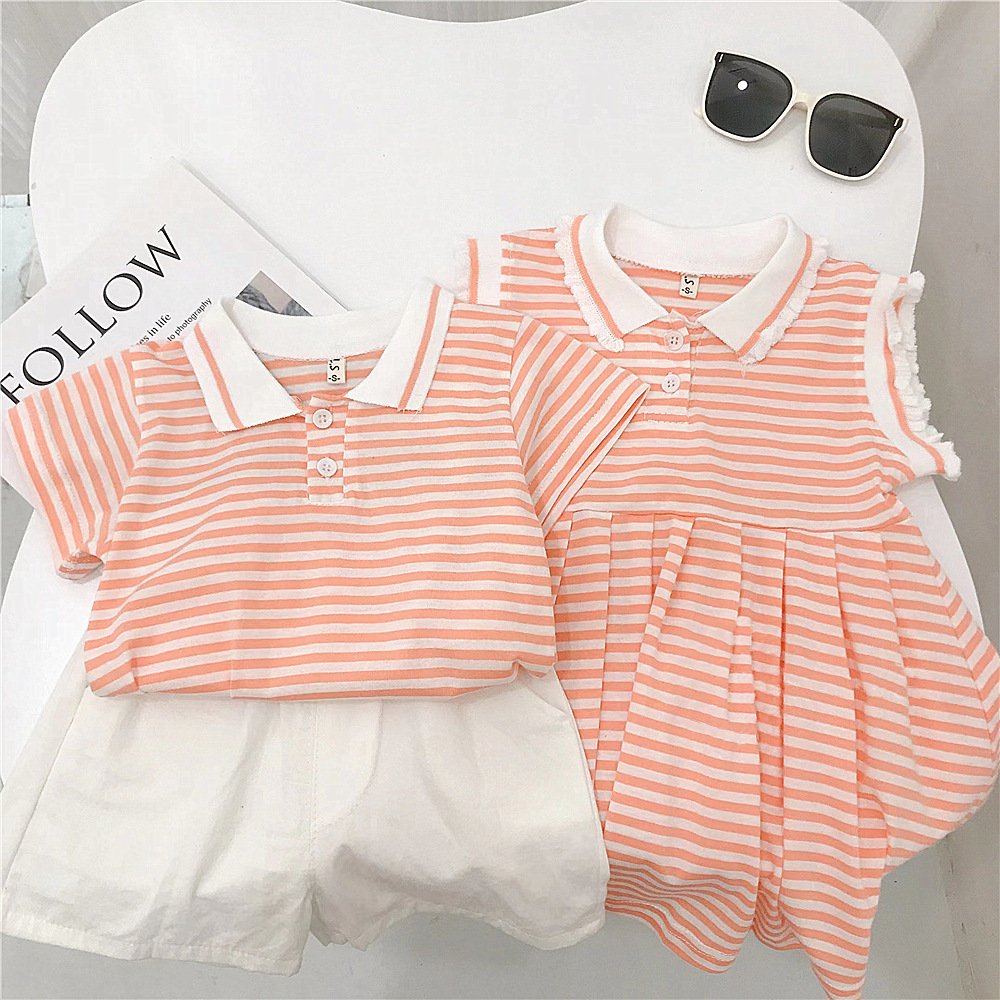 Factory Customized 2023 Brother And Sister Clothing Trendy Short Sleeve Polo Dress T-shirt Shorts Boys And Girls Clothing Sets