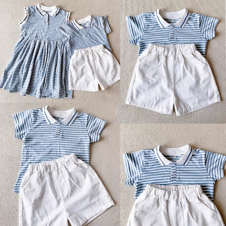 Factory Customized 2023 Brother And Sister Clothing Trendy Short Sleeve Polo Dress T-shirt Shorts Boys And Girls Clothing Sets