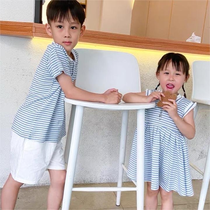 Factory Customized 2023 Brother And Sister Clothing Trendy Short Sleeve Polo Dress T-shirt Shorts Boys And Girls Clothing Sets