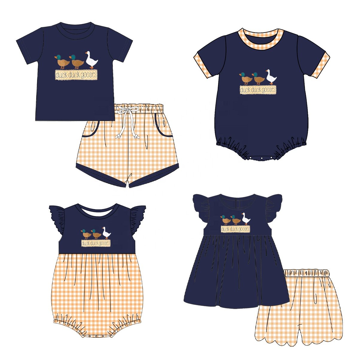 Custom Duck Duck Goose Appliqued Boutique Outfit Toddler Boys Cute Smocked Clothes Family Matching Kids Cotton Clothing Sets