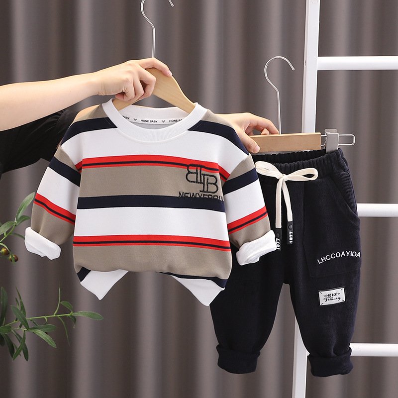 Boys Summer exquisite latest design pure cotton striped long sleeve casual POLO shirt and pants two children's clothing set